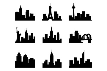 Silhouette city skylines featuring iconic global landmarks