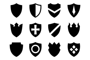 Collection of black shield icons with varied designs for security and protection themes