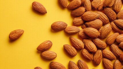 Flat lay of raw organic almonds spread across a bright background