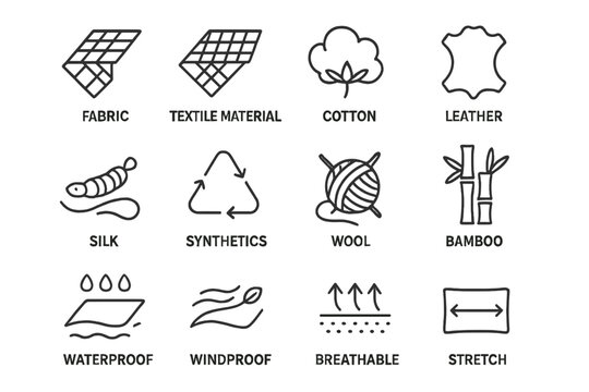 Fabric features line icon set. Textile material properties symbols. Cotton, leather, silk, synthetics, wool, bamboo. Waterproof, windproof, breathable, stretch vector icons.