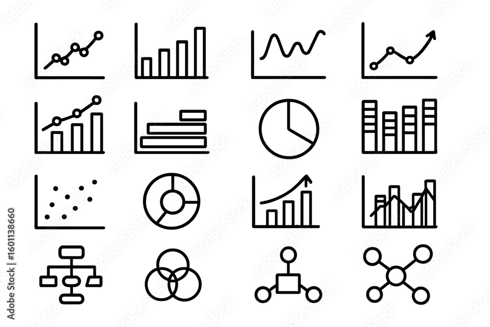 Poster graph chart diagram line icon set. business data visualization and analytics symbols. financial stat