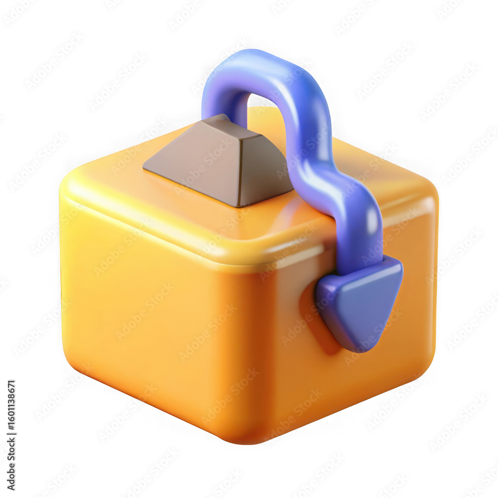 Poster stylized 3d render of a yellow cube with a blue handle and brown cap isolated on transparent backgro