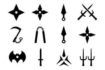 Silhouette collection of ninja weapons: swords, shurikens, nunchucks, sai, kunai