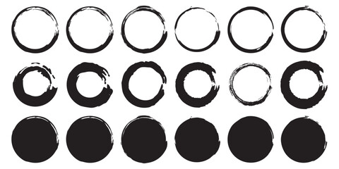 Set of circle, grunge, black paint, ink, dirty brush strokes. Creative elements for your design. Vector illustration.
