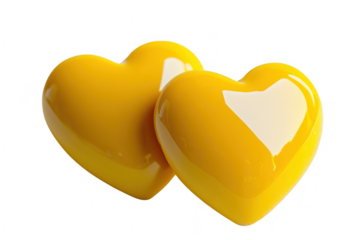 Two glossy yellow heart shapes nestled together isolated on transparent background