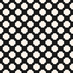 Cute seamless pattern with stylized small bold flower silhouettes. Simple vector floral grid geometric ornament. Black and white background texture. Repeated geo design for decor, textile, wallpaper