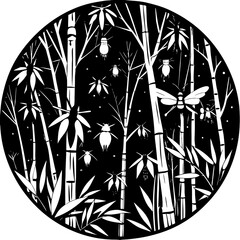 A seamless abstract black and white floral pattern with bamboo leaves and tree branches creates a striking Japanese-inspired nature illustration