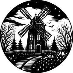 Vintage Dutch windmill vector in a rural landscape under blue sky