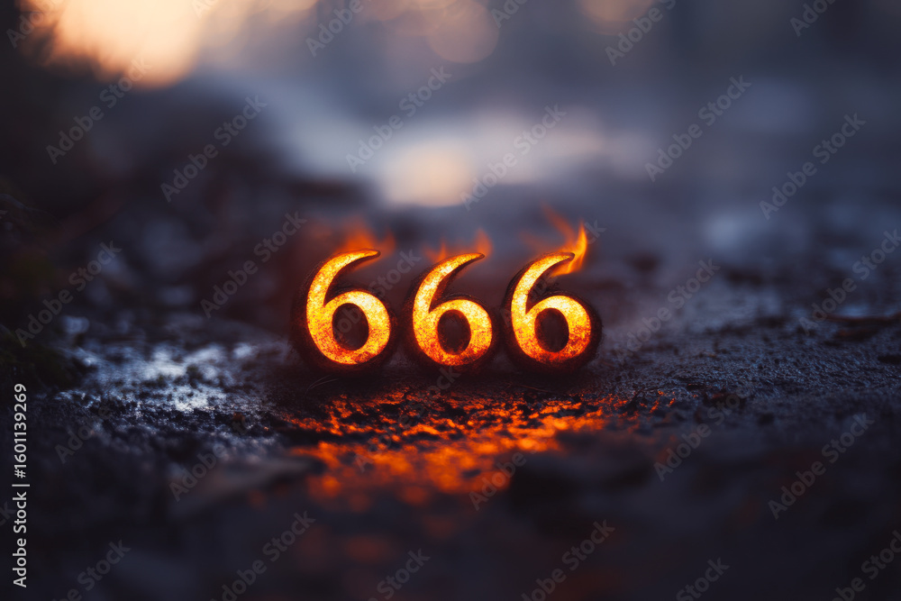 Poster the image is a close up of the number 666 in red letters. the letters are surrounded by fire, giving