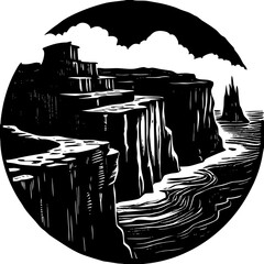 Ancient Greek Island village with an old bridge over the sea, sketched in black and white vintage European town architecture
