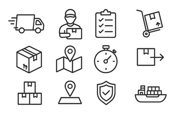 Delivery and logistics line icon set. Cargo transportation and shipping service symbols. Vector pack for freight industry, e-commerce, and courier business illustration.
