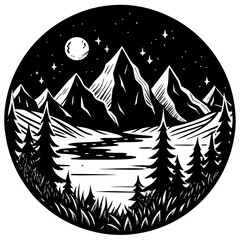 A vibrant vector illustration of a mountain landscape with snow-covered trees and a star-filled winter night sky, perfect for a Christmas holiday card design