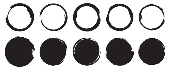 Set of round grunge circles shapes on a white background. Grunge round shapes. Grunge banner and paint brush stamps.