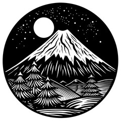 Abstract mountain Fuji volcano vector art design with a touch of autumn nature and a subtle Christmas tree symbol silhouette