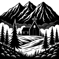 A festive winter village scene nestled in the snow-covered mountains, featuring cozy cabins, pine trees, and a starry night sky perfect for a holiday celebration