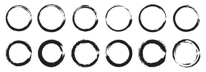 Set of round grunge circles shapes on a white background. Grunge round shapes. Grunge banner and paint brush stamps.
