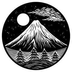 Abstract vector illustration of a mountain and island nature landscape design with a festive Christmas tree icon and travel symbols