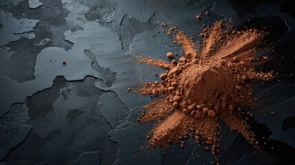 A small scattering of cocoa powder on the background of an empty dark table. A photo with a place for the text.