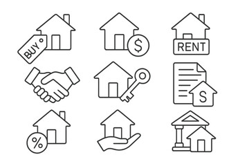 Fototapeta premium Real estate line icon set for buying, selling, and renting a house. Thin line icons for property, mortgage, loan, investment, contract, deal, and home ownership concept.