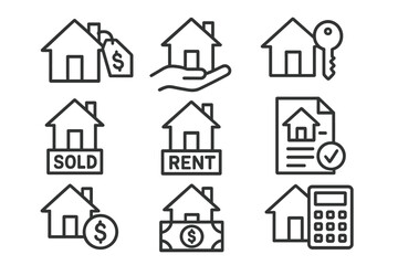 Fototapeta premium Real estate line icon set. Buying, selling, renting a house. Icons for home mortgage, property investment, finance, loan, sale contract. Vector outline web symbols.