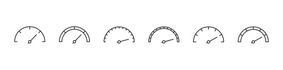 Speedometer icon. Meter score vector set. Gauge line limit scale.  Score measurement level meter. Black line design. High indicator sign.
