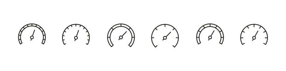 Speedometer icon. Meter score vector set. Gauge line limit scale.  Score measurement level meter. Black line design. High indicator sign.