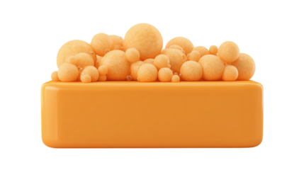 Bar of soap in matte orange tone with bubble detailing, cartoon icon render, isolated on transparent background 
