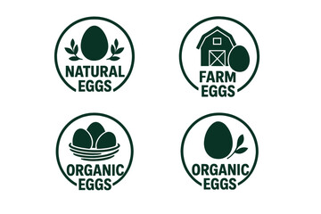 Fototapeta premium Natural farm organic eggs icon set. Vector labels for eco friendly food packaging. Healthy product quality assessment stamps. Bio food stickers collection for grocery store.