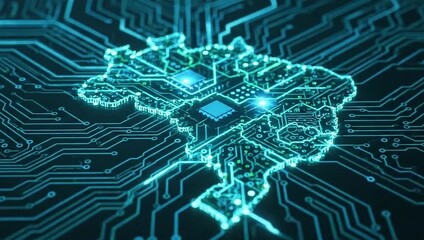 Futuristic glowing circuit board style map of Brazil - Powered by Adobe