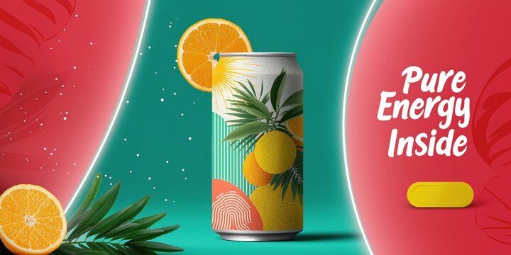 Promotional banner with soda can and orange slices on vibrant red and green background

