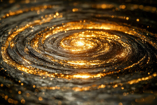 Glowing spiral of cosmic energy with shimmering golden particles