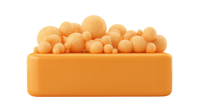 Bar of soap in matte orange tone with bubble detailing, cartoon icon render, isolated on transparent background 