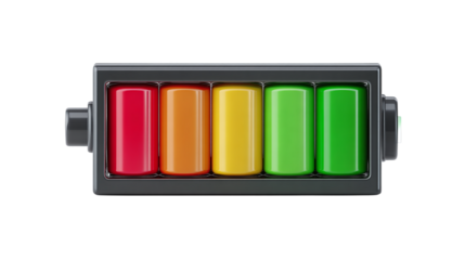 Battery charge level icon with stylized green-to-red segments, 3D render. isolated on transparent background 