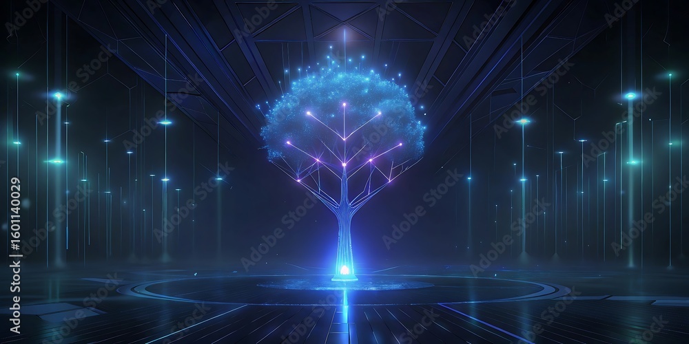 Poster a luminous blue and purple digital tree with glowing branches rises from a futuristic platform in a 