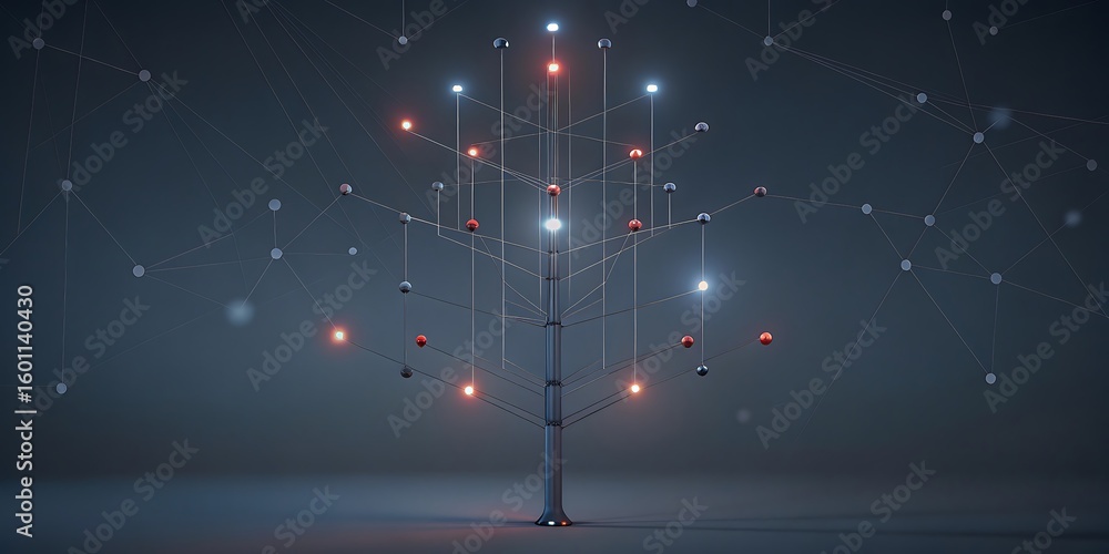 Aufkleber a minimalist metallic tree structure with glowing red and white lights stands against a dark backgro
