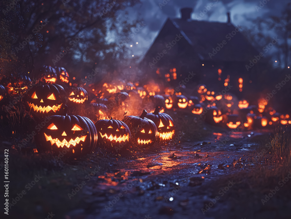 Poster path is lit up with many pumpkins, creating a spooky atmosphere. the scene is set in a forest, with 