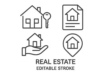 Real estate icon set. Buying a house. Property investment. Home ownership. Mortgage contract. Realtor service. Geolocation pin. House and key. For sale. Editable stroke.