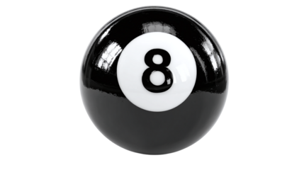 Billiard ball number 8 in glossy black 3D with white number label. isolated on transparent background 