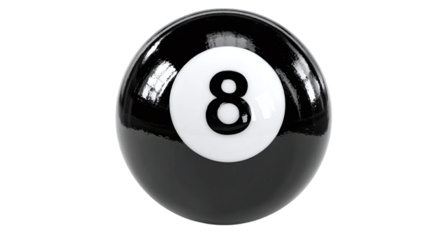 Billiard ball number 8 in glossy black 3D with white number label. isolated on transparent background  - Powered by Adobe