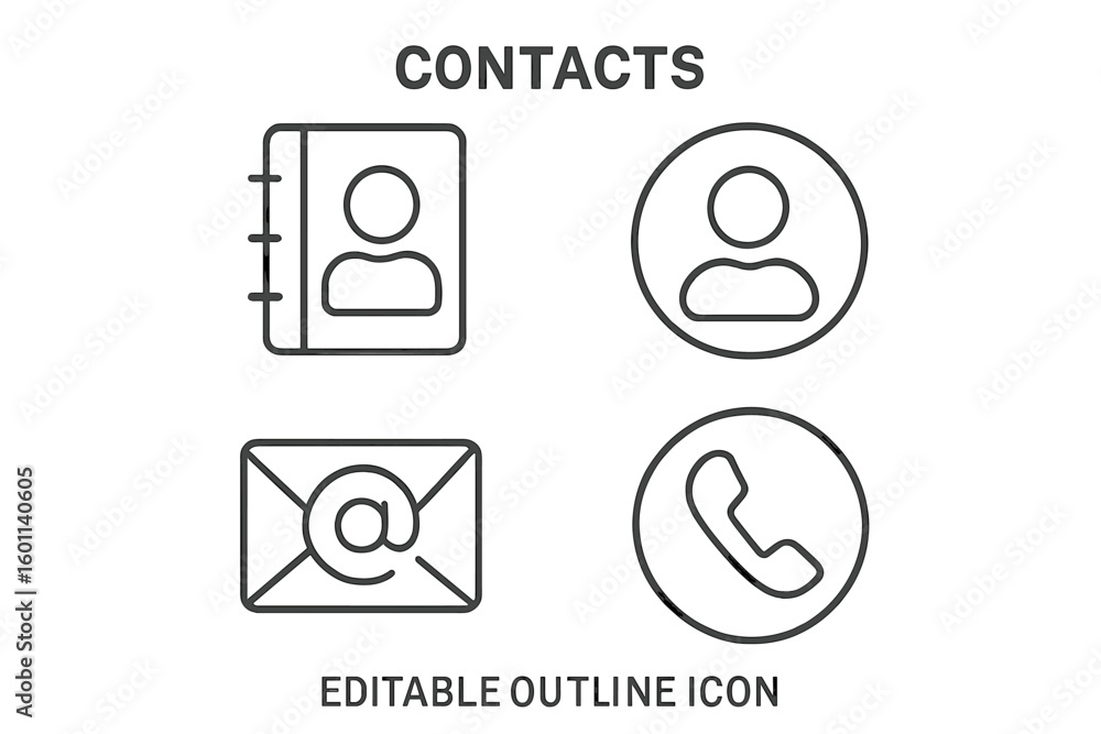 Poster contact us icon set with editable outline. vector line art symbols for phone call, email, user profi