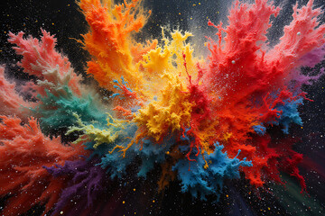 A colorful explosion of paint is depicted in the image, with a mix of red, yellow, and blue hues. The explosion appears to be a vibrant and energetic display