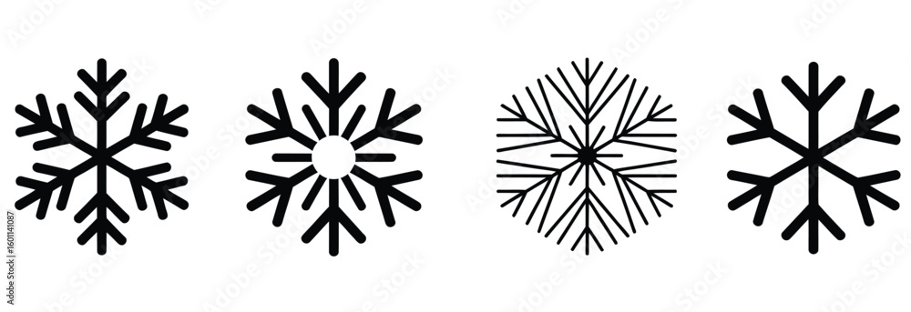 Poster vector art of four unique snowflake designs are displayed in a row against a plain white background 