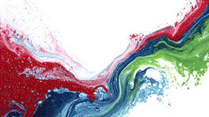 Artistic abstract acrylic flow in red, green, and blue color palette. isolated on transparent background 
