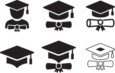 Graduation Cap and Diploma Icon Set &ndash; Black and White Education Symbols Vector