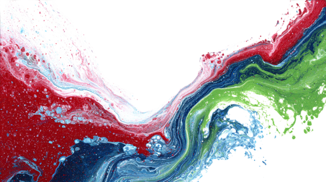 Artistic abstract acrylic flow in red, green, and blue color palette. isolated on transparent background 