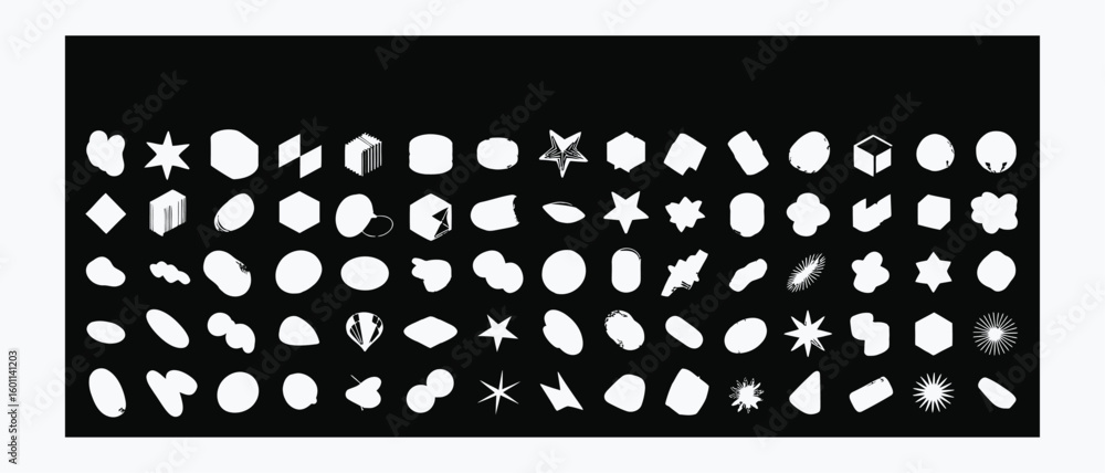 Poster vector art of a collection of abstract shapes and patterns are displayed on a dark background showca
