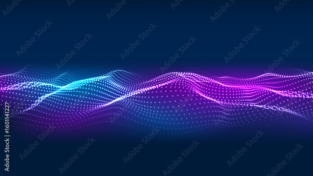 Poster 3d big data wave, abstract technology visualization background. blue and purple particle waves. vect