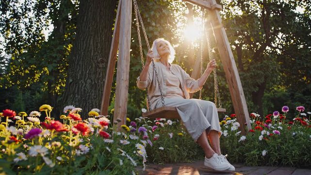 Golden sunlight illuminates a peaceful scene of an elderly woman gently swinging in a beautiful garden filled with colorful flowers, enjoying a tranquil moment of relaxation and serenity