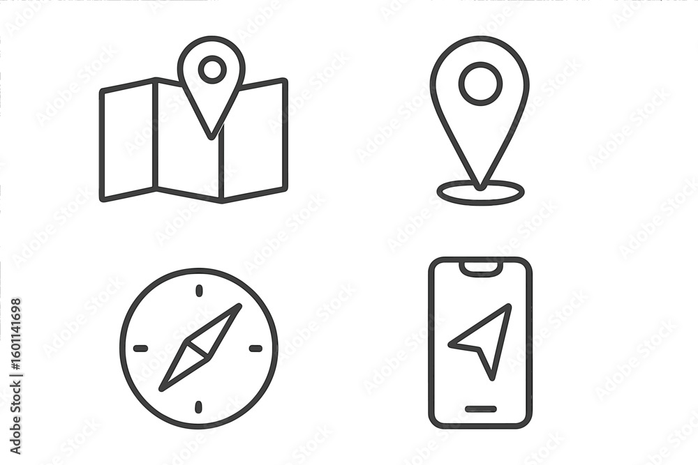 Poster navigation and location icon set. gps pointer on map and smartphone screen. compass for direction an