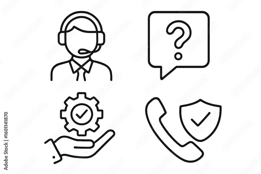 Poster customer service icon set. call center operator with headset, help desk support, faq, and technical 